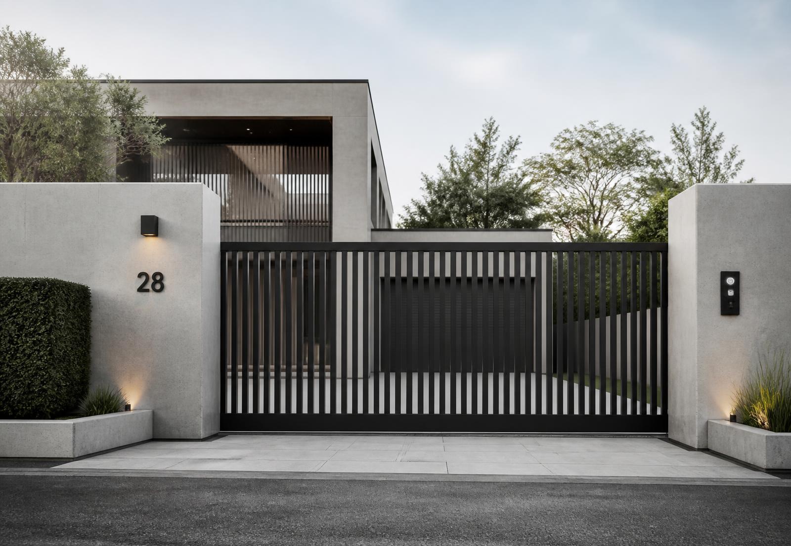 Portón automático moderno en un acceso residencial contemporáneo
